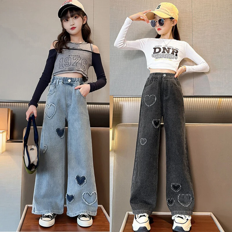 New Spring Autumn Girls Jeans Heart Embroidery Loose Wide-leg Pants For 4-14 Years Old Teen Girls Children Present Trousers