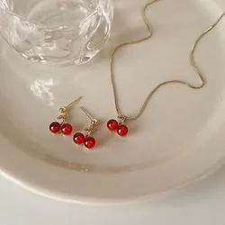 Sweet Red Cherry Pendant Necklace Dangle Stud Earrings Jewelry Set Shiny Gold Chain Zircon Women Trendy Jewelry