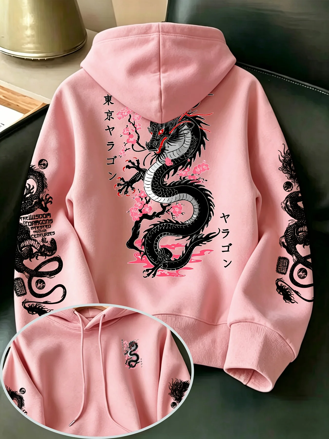 Herren-Hoodie im japanischen Stil mit Tokyo-Drachen-Kirschblüten-Grafikdruck, Oversized-Sweatshirt, asiatische Streetwear, Herbst-Winter-Oberteil – Detail 6