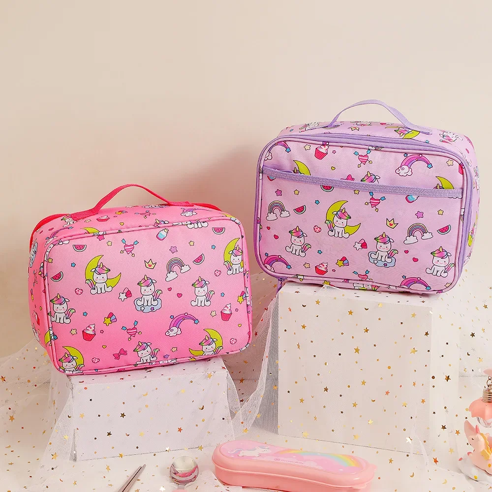 Cute Cartoon Portable Insulated Lunch Bag Children Pink Rainbow Unicorn School Bento Bag Box Food Small Cooler Bag Pouch