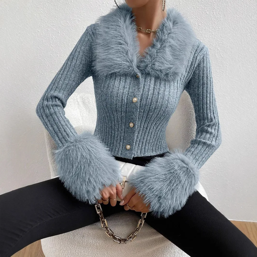 2025 neue Mode Taste Dünne Strickjacke Frauen Herbst Sexy Und Elegante Pelz Kragen Lange ärmeln Top Für Frauen