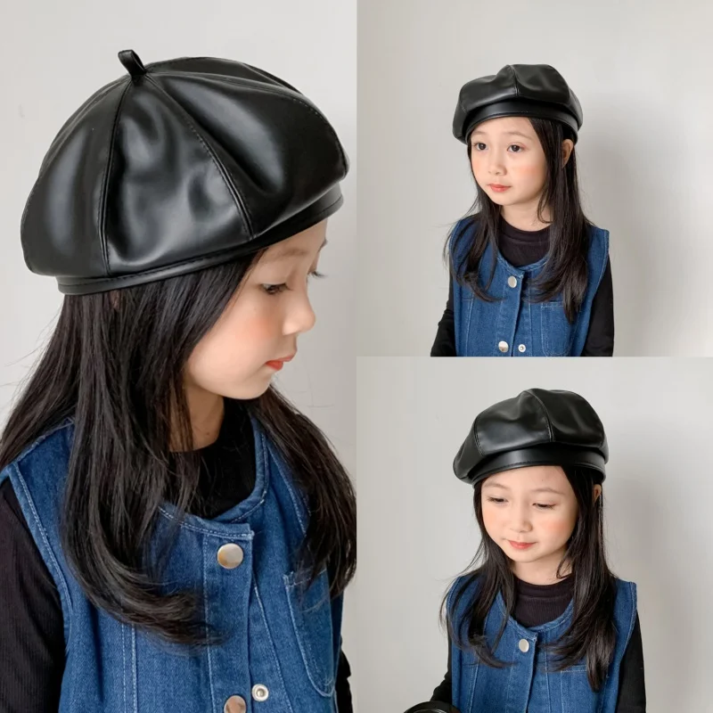 Autumn Winter PU Leather Children Kids Beret Caps Elegant Toddler Infant Girls Solid Color Vintage Bonnet Beanies Hats