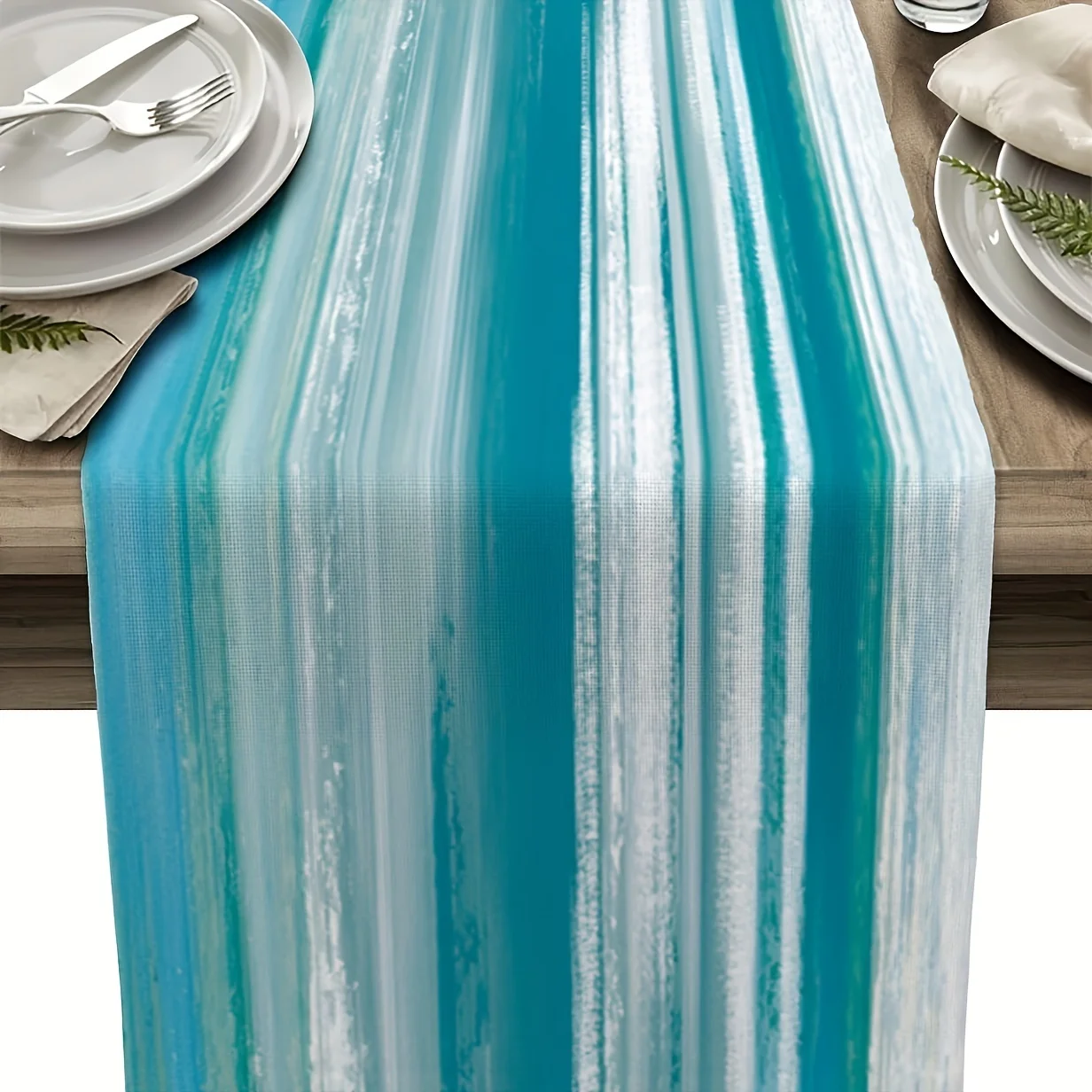 Ocean Style Table Runner with Turquoise Stripes Pattern, Perfect for Beach Theme Parties, Home Decoration, Summer Parties