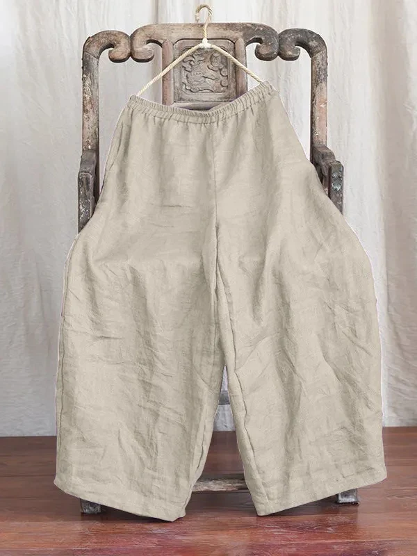 

Loose Wide Leg Harem Pants Women's Casual Linen Trousers Nine Points Elastic Waist Artistic Long Pants Spring Autumn Style