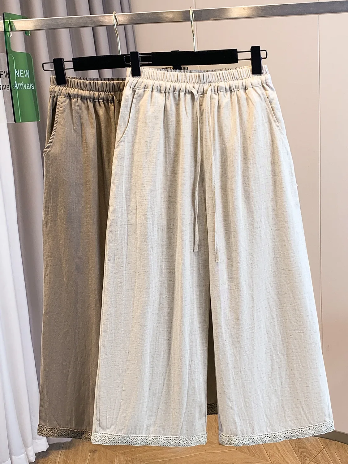 Artistic Embroidered Lace Cotton Linen Wide Leg Pants High Waist Loose Fit Nine Point Casual Trousers for Women Summer Small ...