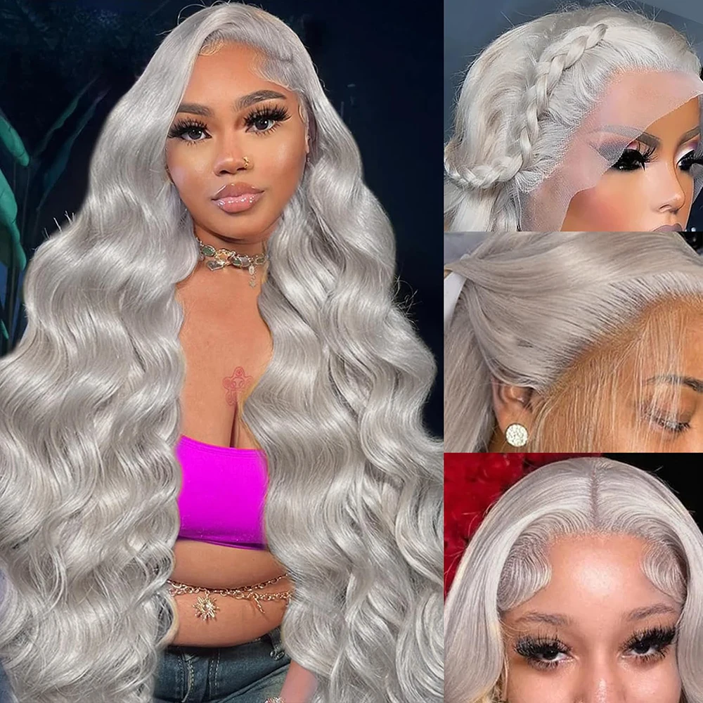 

Grey Lace Front Wigs Human Hair 13x6 Body Wave Lace Front Wigs Human Hair Long Grey Wig HD Lace Frontal Wig 200 Density 36 Inch