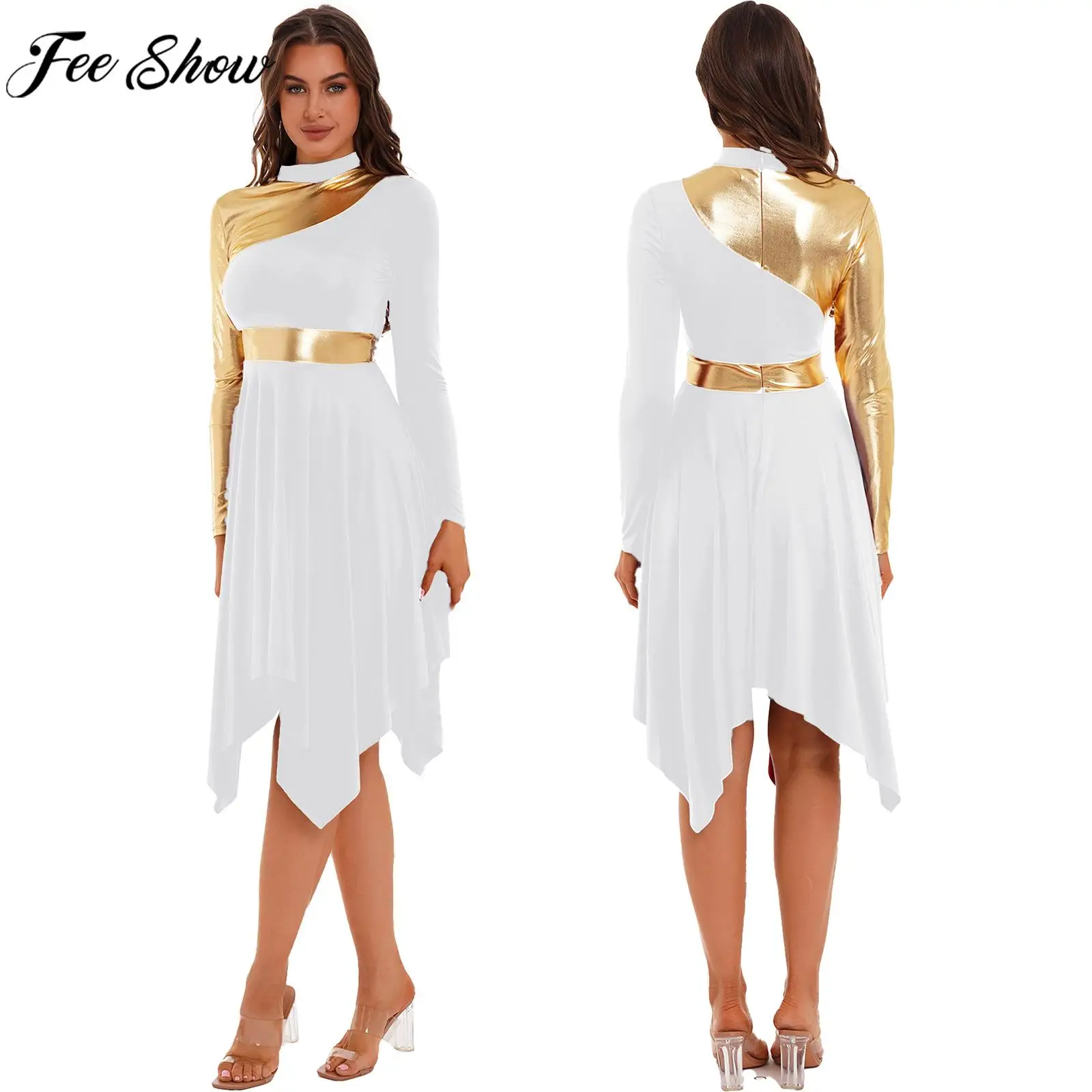 

Женское современное лирическое танцевальное платье, вальс, бальный костюм для выступлений, церковный хор, платье для поклонения, блестящая танцевальная одежда с длинными рукавами