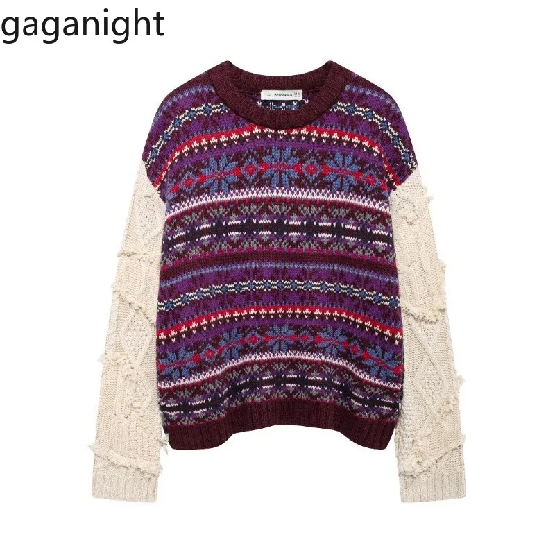 

Gaganight Knitted Sweater Women Autumn Winter Contrast O Neck Vintage Fashion Pullover Flowers Loose Jumper Ladies Casual