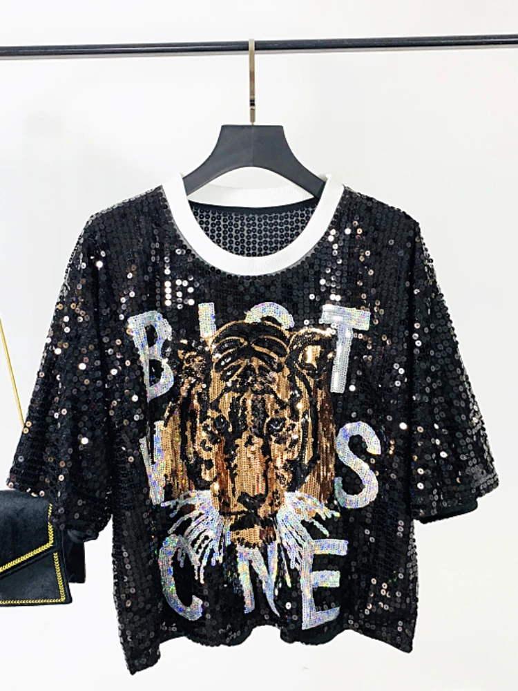 Fashion Letter Tiger Head Sequined Short-Sleeved T-shirt Female 2023 Summer New Street Loose Short Round Neck Top Women Clothes