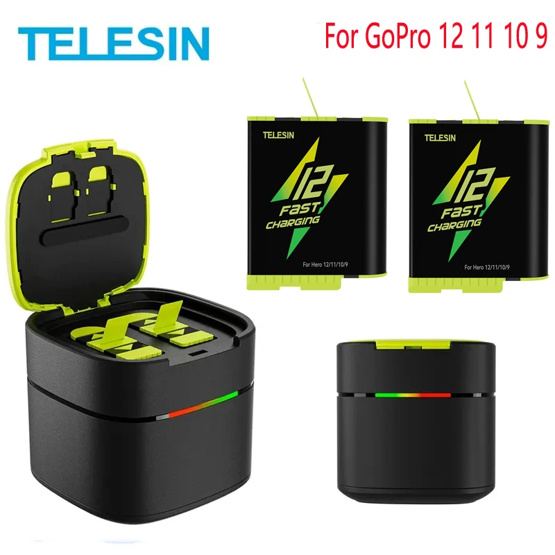 TELESIN  2 Ways 2.5A Fast Charger Box With TF Card Storage + 1750 mAh Fast Charging Battery For GoPro Hero 12 11 10 9 GoPro12