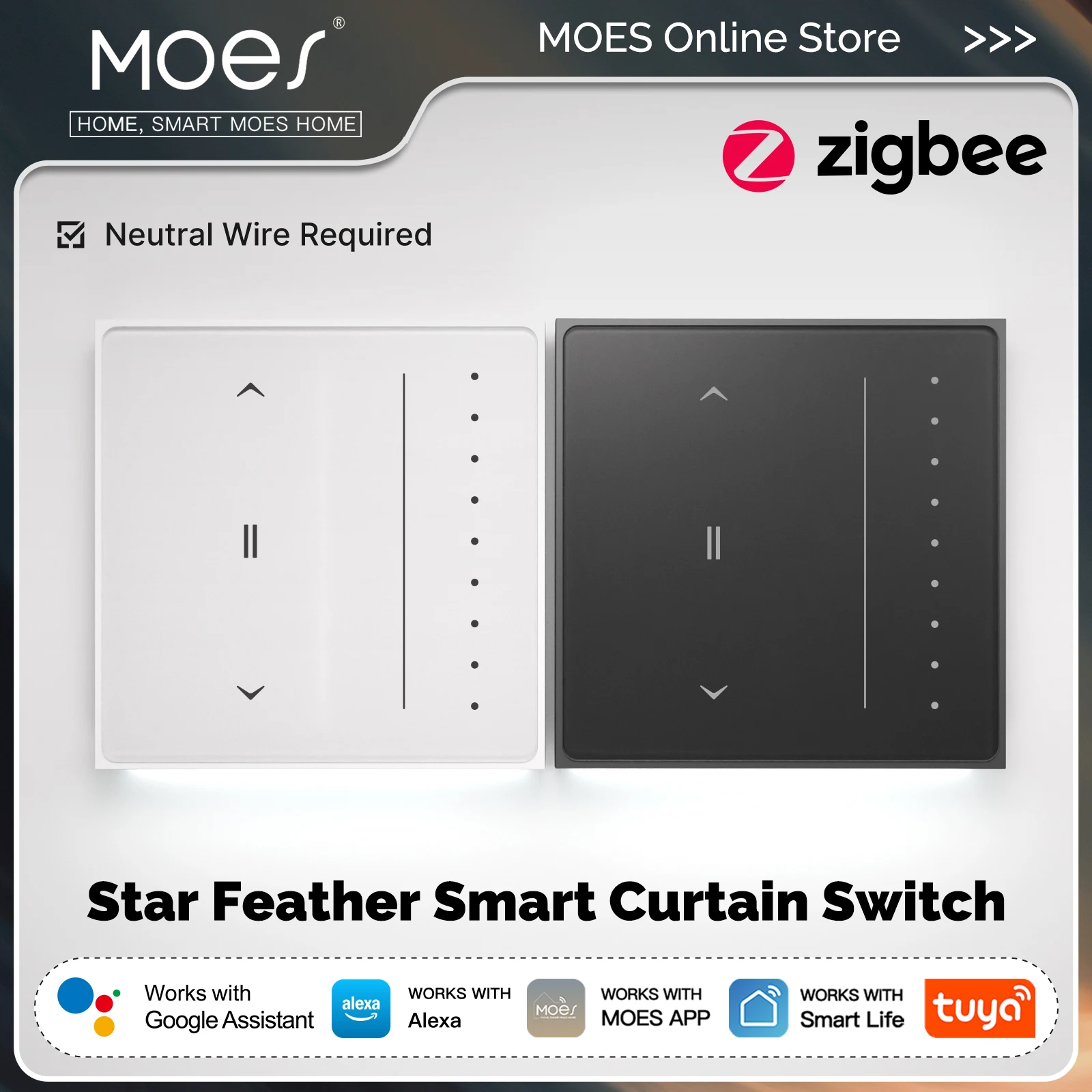 MOES Tuya Star Feather Series Zigbee Smart Curtain Switch Anti-Glare Touch Panel Flowing Backlight Work with Alexa Google Home
