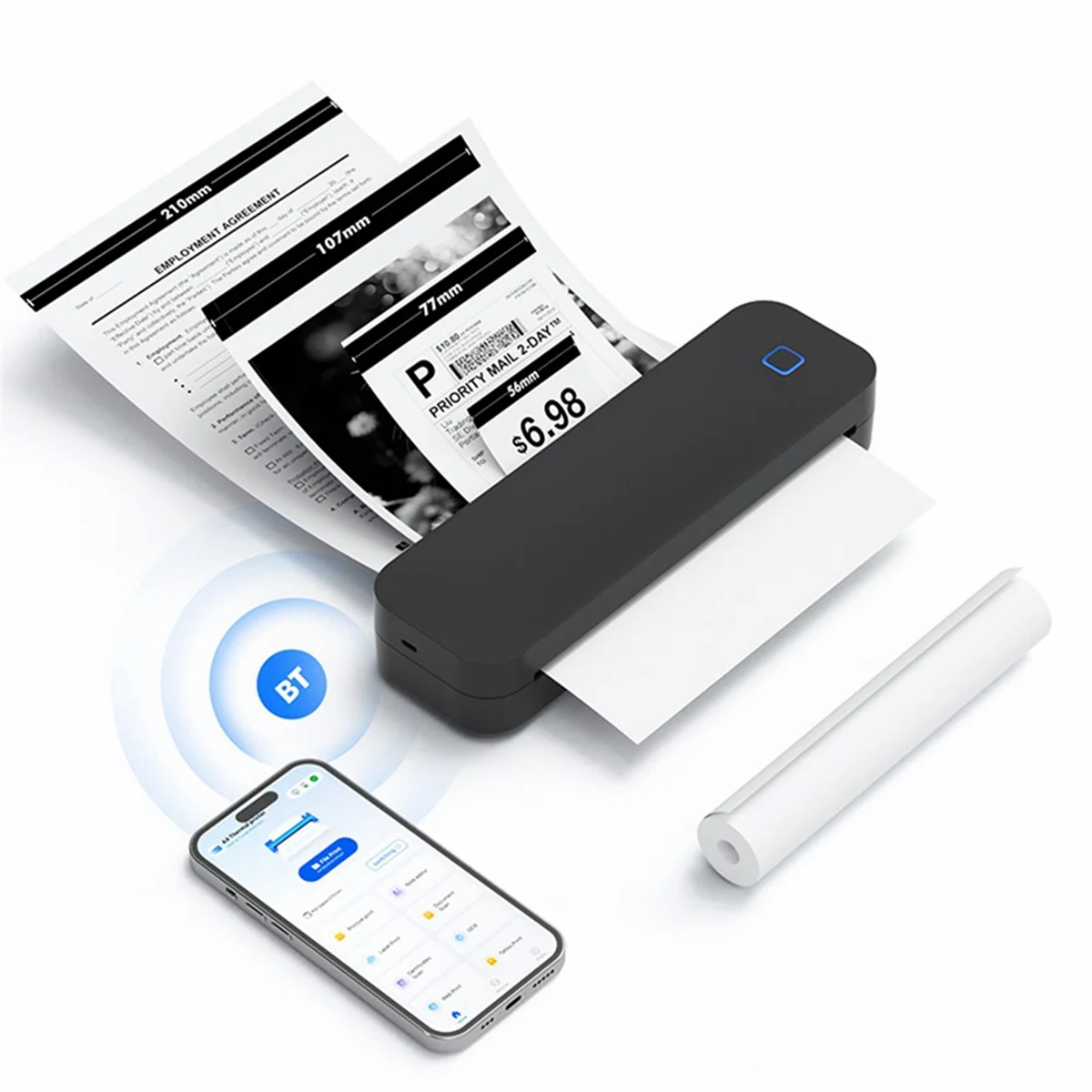 Practical-Portable Thermal Transfer Printer Wireless,Multi-Size,Eco-Friendly for Windows System,Mac Os System,Phone,Tablet,Black