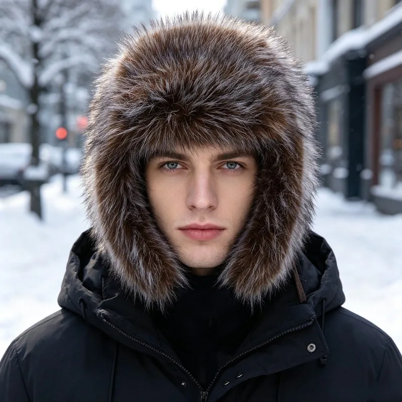 Koreanischer Stil Kunstfuchs-Fell Lei-Feng-Mütze für Männer und Frauen, Winter Verdickte Plüsch-Ohrenklappenmütze, Outdoor-Radfahren Warme Bombermütze – Detail 2