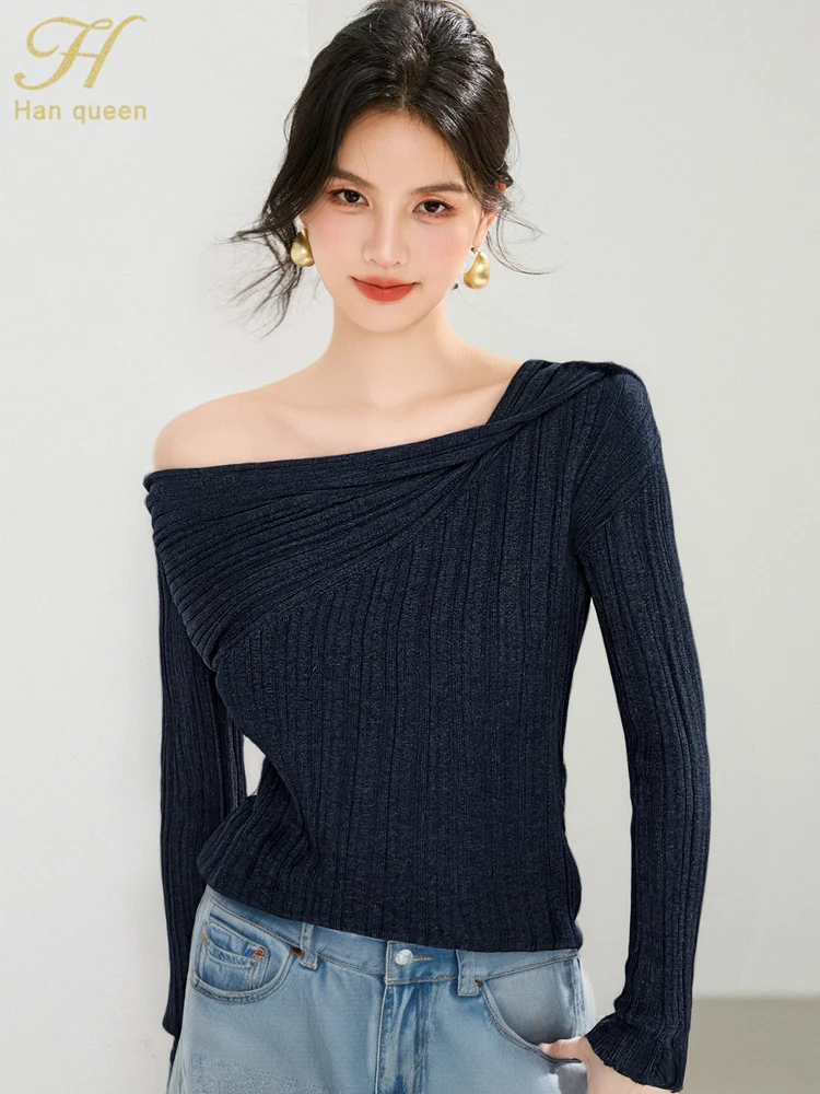 

H Han Queen, осенне-зимние топы, сексуальные модные свитера с открытыми плечами, повседневные топы с длинными рукавами, простой пуловер, женская одежда