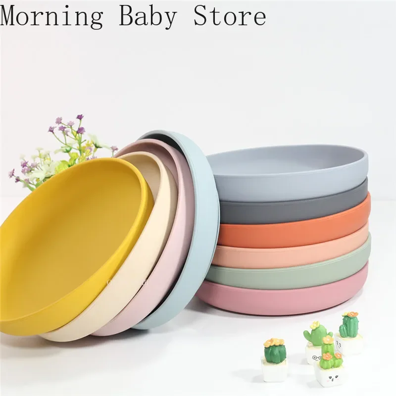 Silicone Round Shape Baby Feeding Dish Suction Cup Dinner Plate Solid Color Baby Supplementary Food Bowl Fruit Plate Tableware