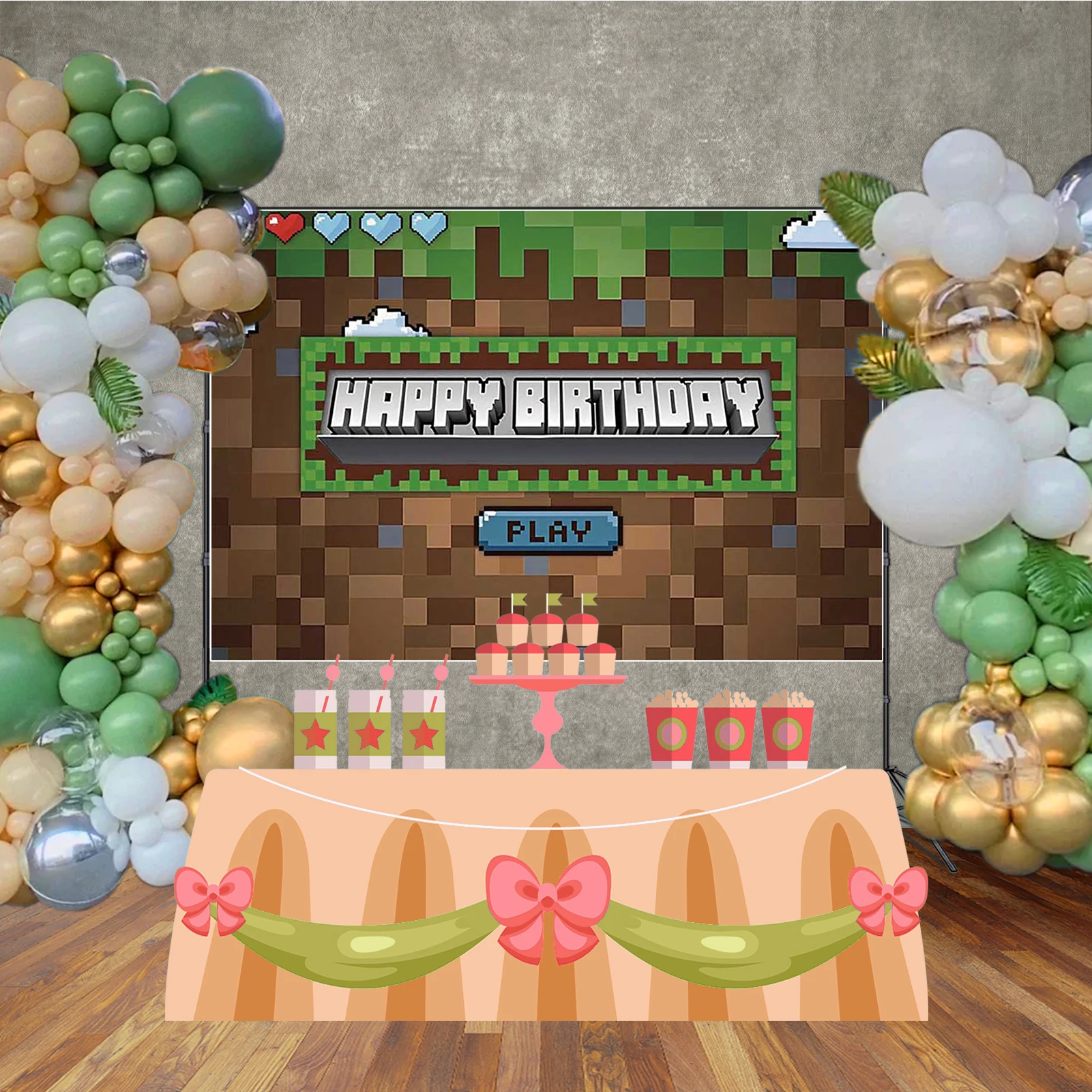 MOON.QG Blocky Pixel Game MC Kids حفلة عيد ميلاد زينة خلفية ثلاثية الأبعاد راية الغابات ملصق خلفية فوتوكول فوتوزون