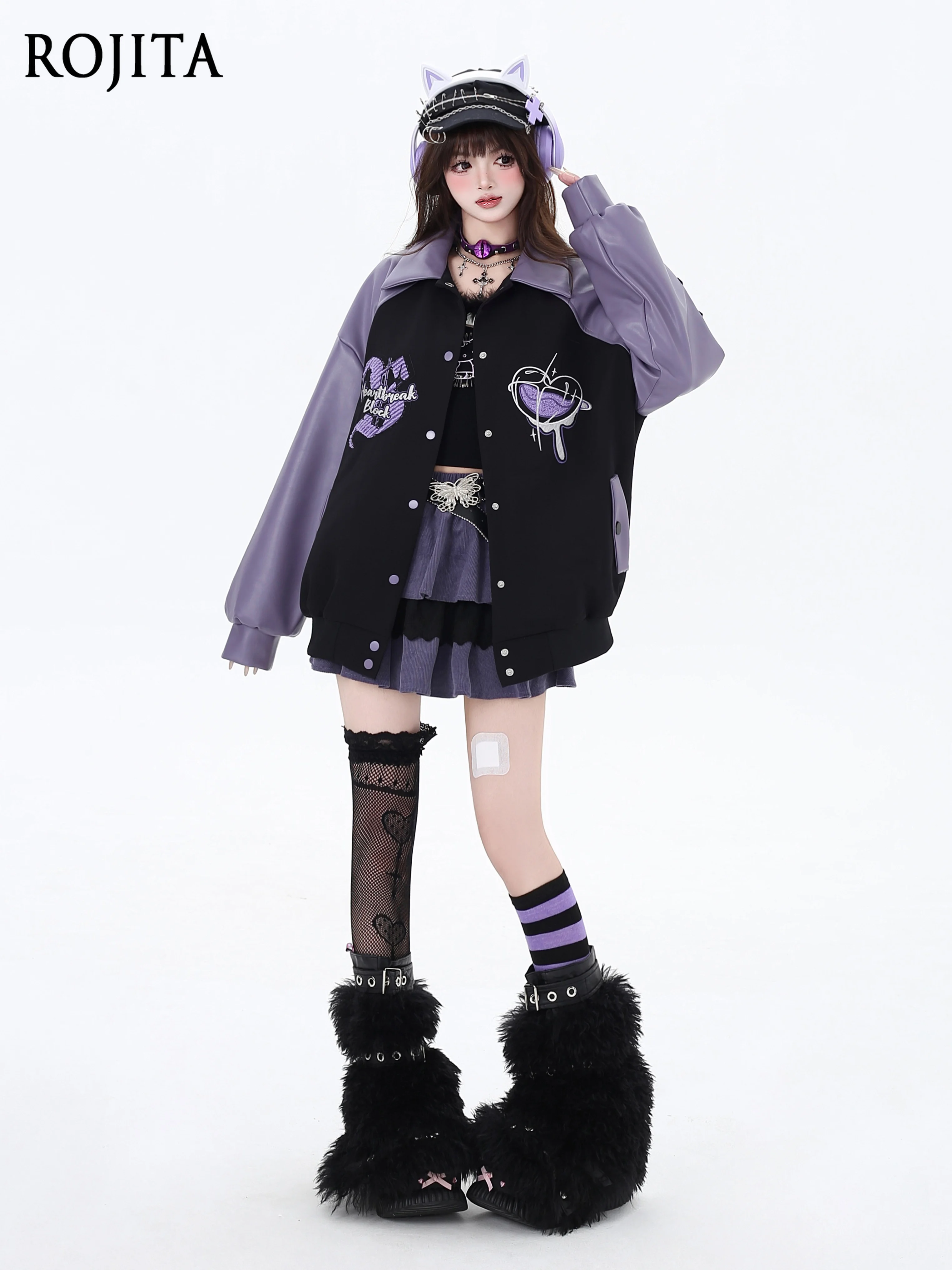 Subculture Black and Purple Embroidered Patchwork Color-Block Heart Baseball Jacket for Women PU Leather Long Sleeve Jackets