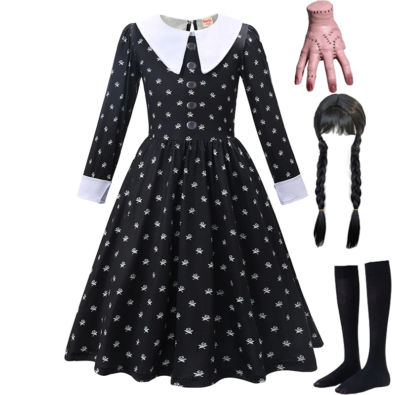 Wednesday Addams Cosplay For Girls Clothing Movie Wednesday Black Gothic Dress For Kids Party Dresses Halloween Costumes 3-12Yrs