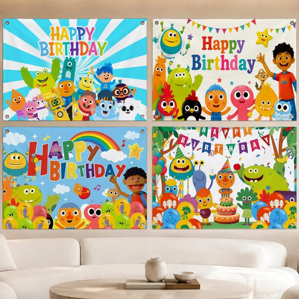 Kids Cartoon S-Super Simple Songs Flags Fan Banner Tapestry Wall Hanging Garage BarDorm Camp Party Outdoor Home Decor Gift