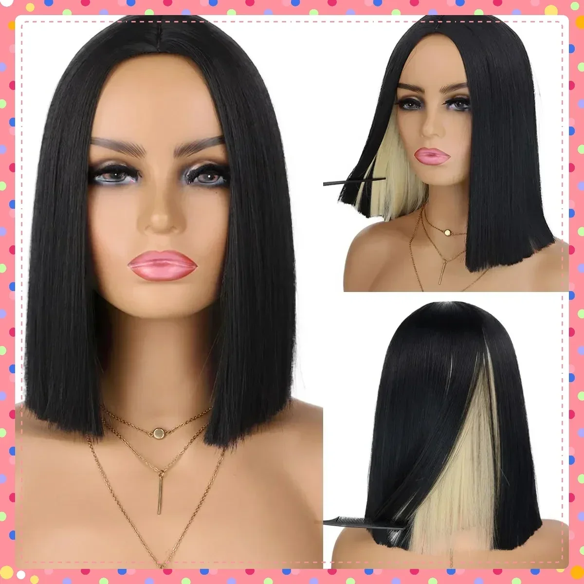 Synthetic Colorful Short Bob Wig with Bangs Black Yellow Ombre Costume Party Cosplay Heat Resistant Fiber Full Head Haircut