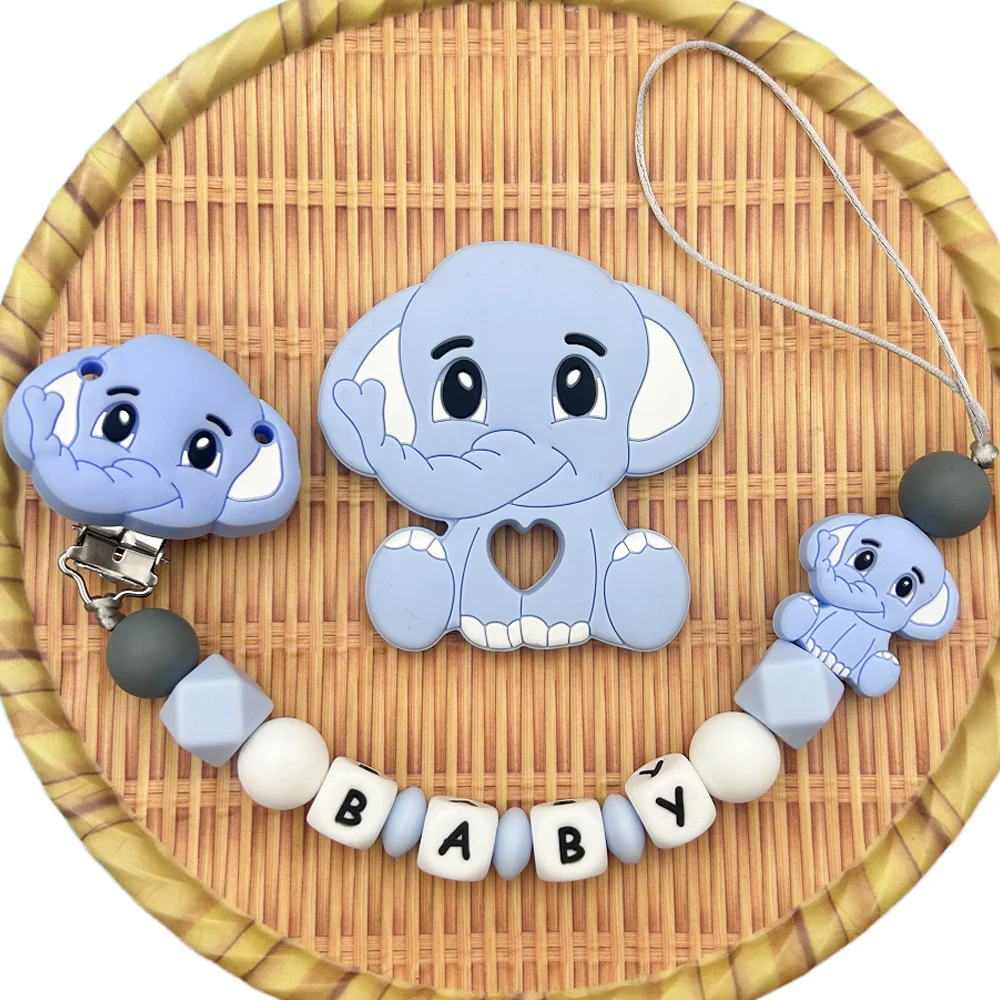 Personalizado inglês russo nome da letra do bebê elefante silicone pingente chupeta clipes titular cadeias mordedor kawaii brinquedo presentes