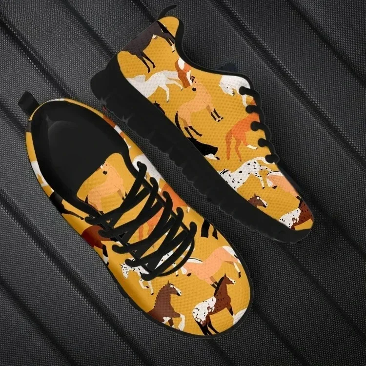New Style Women Breathable Flat Shoes Lace-up Mesh Sneakers Colorful Horse 3D Print Casual Footwear For Female