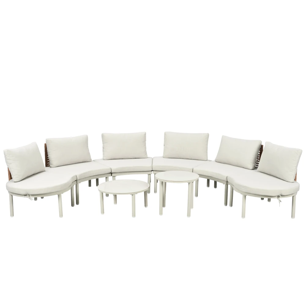 

8-Piece Patio Sofa Furniture Set, Half Moon Outdoor Sectional Sofa with 2 High-Low Coffee Tables, PE Wicker Rattan, Tempered Glass, 6 Pillows & Cushions, for Backyard, Garden, Poolside,Beige