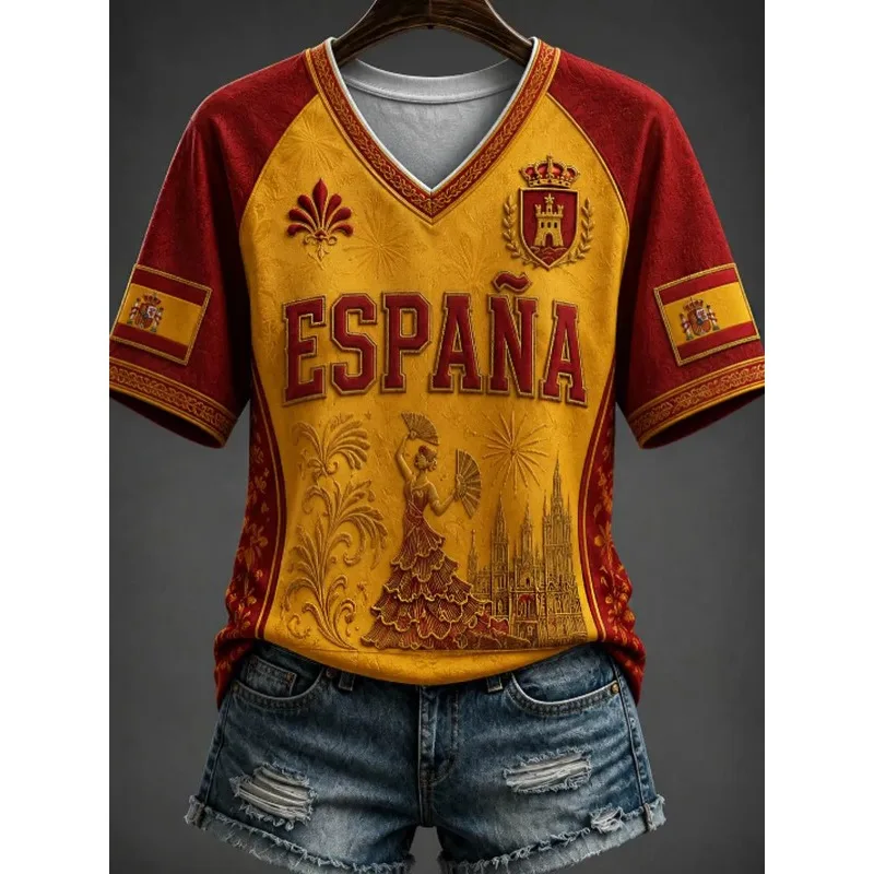 Retro V-neck women’s tee decorated with Spain-themed 3D prints, great for summer trips, holidays and everyday looks