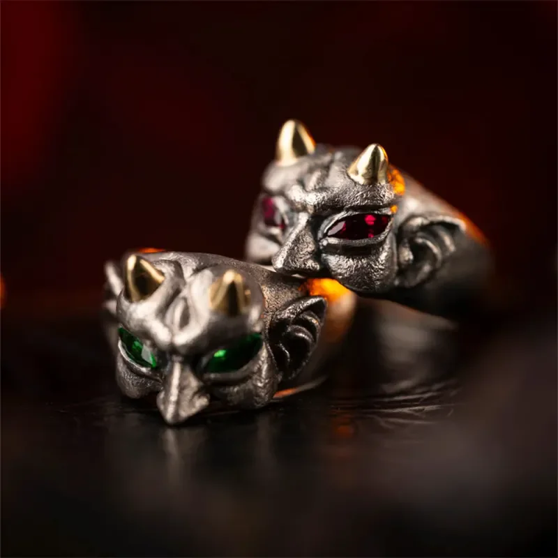 Europe and America Retro Silver Color Red, Green Eyed, Gold Color Horned Demon Ring Men's Rock Hip Hop Punk Party Jewelry Ring