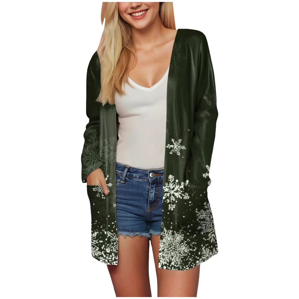 

Women Christmas Funny Print Pocket Cardigan Long Sleeve Midi Length Casual Cardigan Long Sleeve Oversized Coat