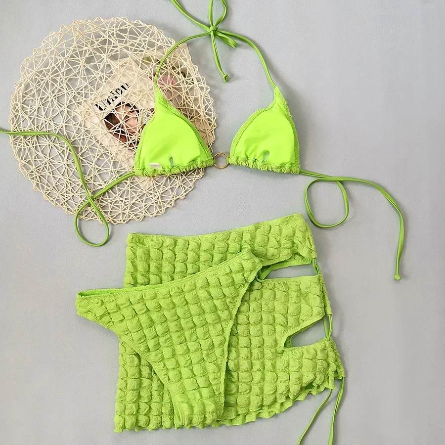 Neon Green Seersucker Swimwear with Skirts Cover Up 3 Piece Bikini Set Sexy Swimsuit Women 2025 String Halter Bikinis Beachwear