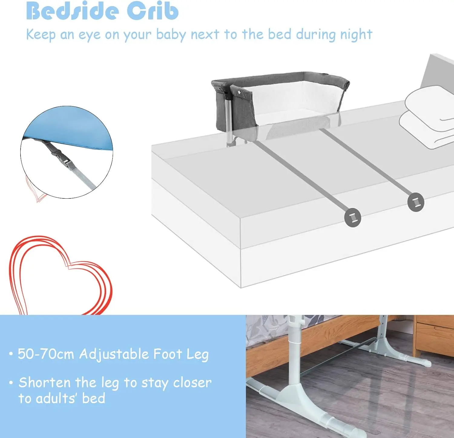 Baby Bedside Crib, Newborn Bassinet Bedside Sleeper, Adjustable Height, Detachable &Washable Mattress, Breathable Mesh, Straps