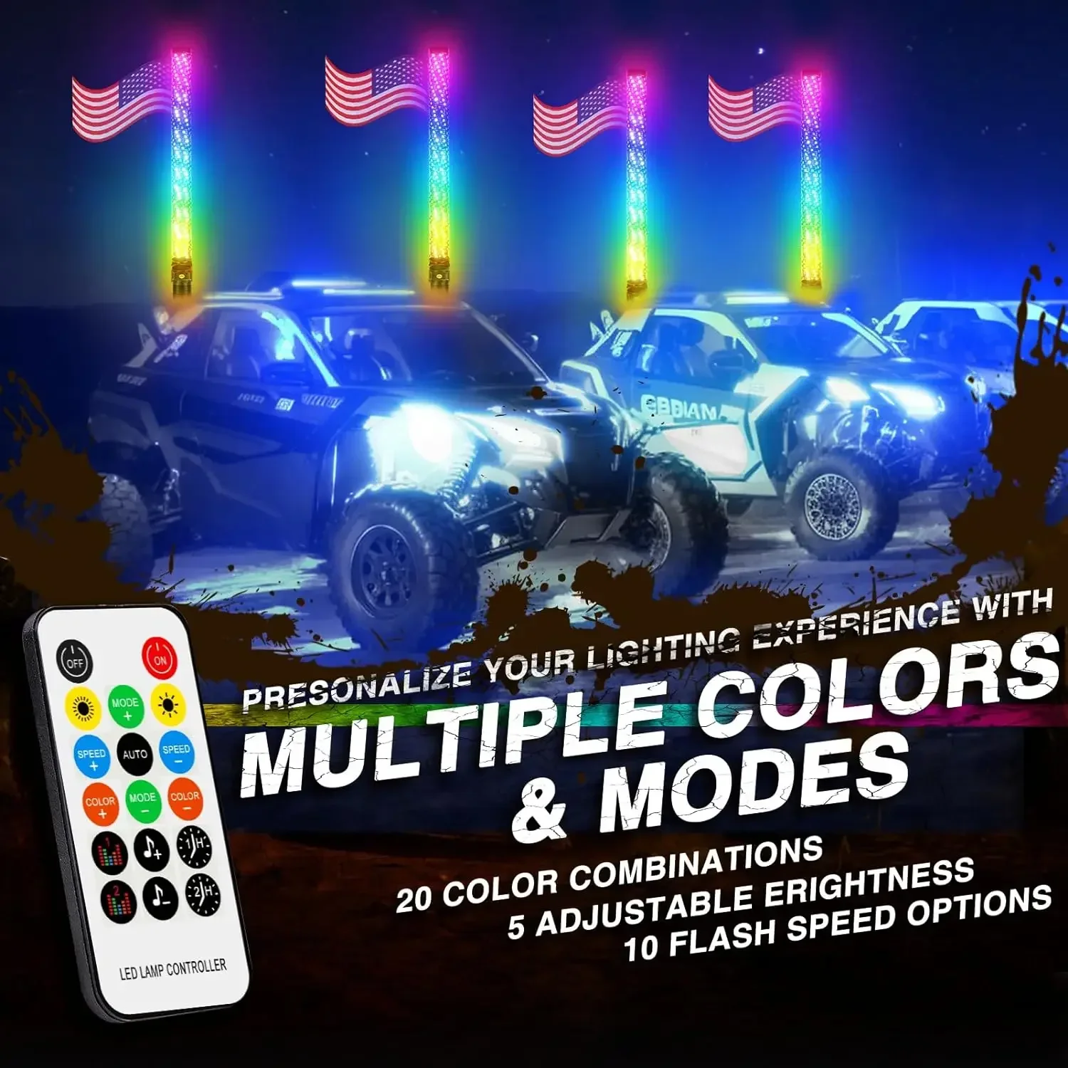 2PC 2/3FT Fat Whip Lights LED Whips Side by Side with Turn Signal Brake Reserving Light for UTV ATV RZR Can-Am SXS Polaris Offro