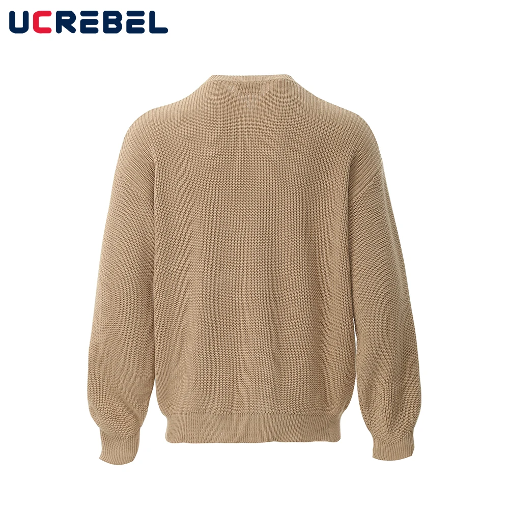 Solid Color Henley Collar Sweater Mens Autumn Winter High Street Loose Long Sleeve Knitted Pullover Men