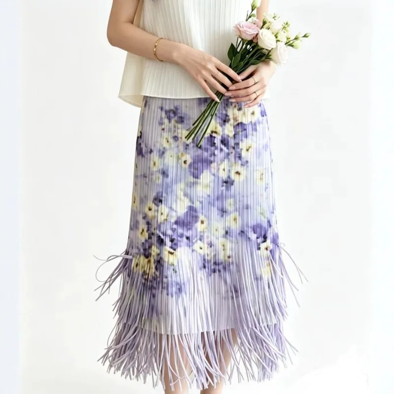 

Miyake Pleated Print Skirt 2026 Summer Double Layer Tassel Jupe Elegant Versatile Simple Pleats High Waist Slimming Skirt Women
