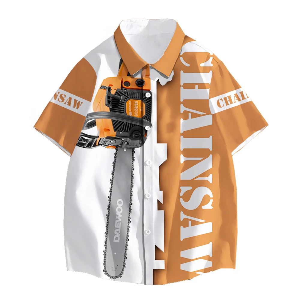 SONSPEE Summer Chainsaw Tool 3D Printing Botton Shirt Lumbering Men Women's Sawing Machine Tops Short Sleeve Hip Hop Blouse