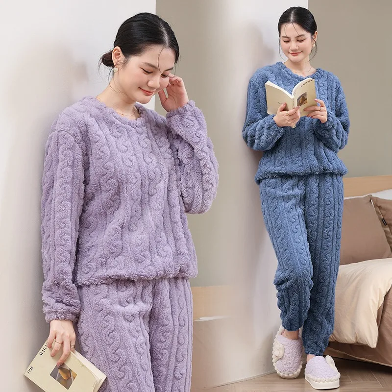 Fall Winter Women Soft Plush 2Pcs Outfit Suit Stylish Relax Loungewear For Daily Rest Family Party Indoor Home Wearing
