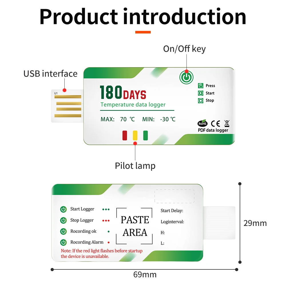 Registratore dati di temperatura usa e getta impermeabile 180 giorni registratore USB rapporto PDF allarme temperatura indicatore LED per lo stoccaggio del trasporto