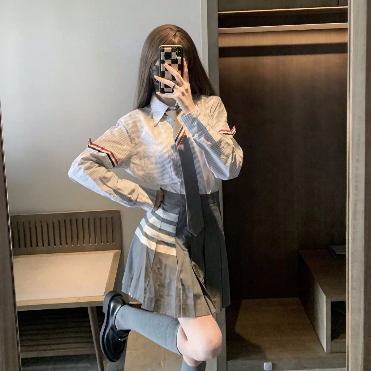 

Classic Women's Ox Cloth Long Sve irt Striped Double Sve Ribbon Casual Versatile Couple Sle Cute Loose Fit Cotton