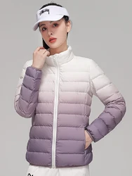 Chaquetas de plumón ultraligeras para mujer, abrigos de moda para mujer, gradiente, ajuste Delgado, cuello alto corto, mantiene el calor, otoño e invierno, nuevo, 2023