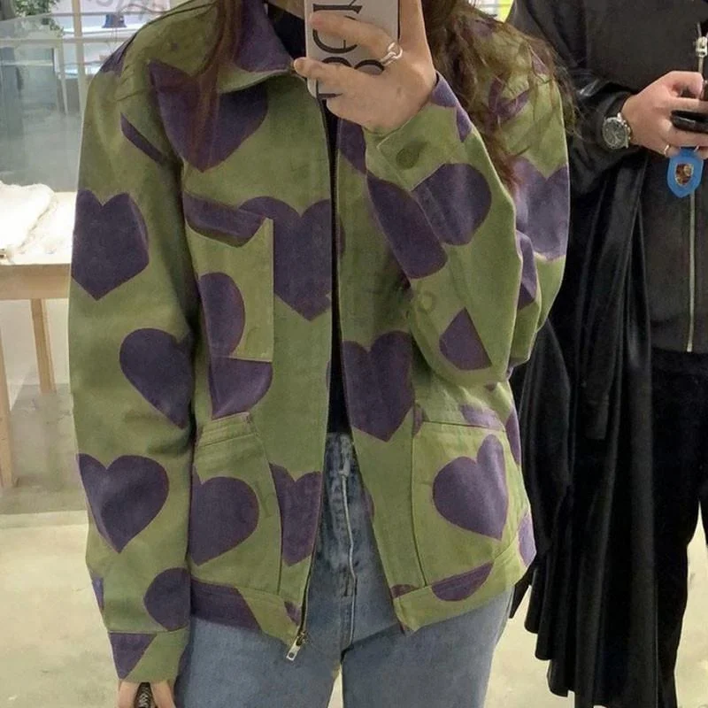 Luźna damska kurtka z zamkiem błyskawicznym, nadruk serca, modny styl koreański, jesień-zima, nowość, do pracy, długa, sweter...