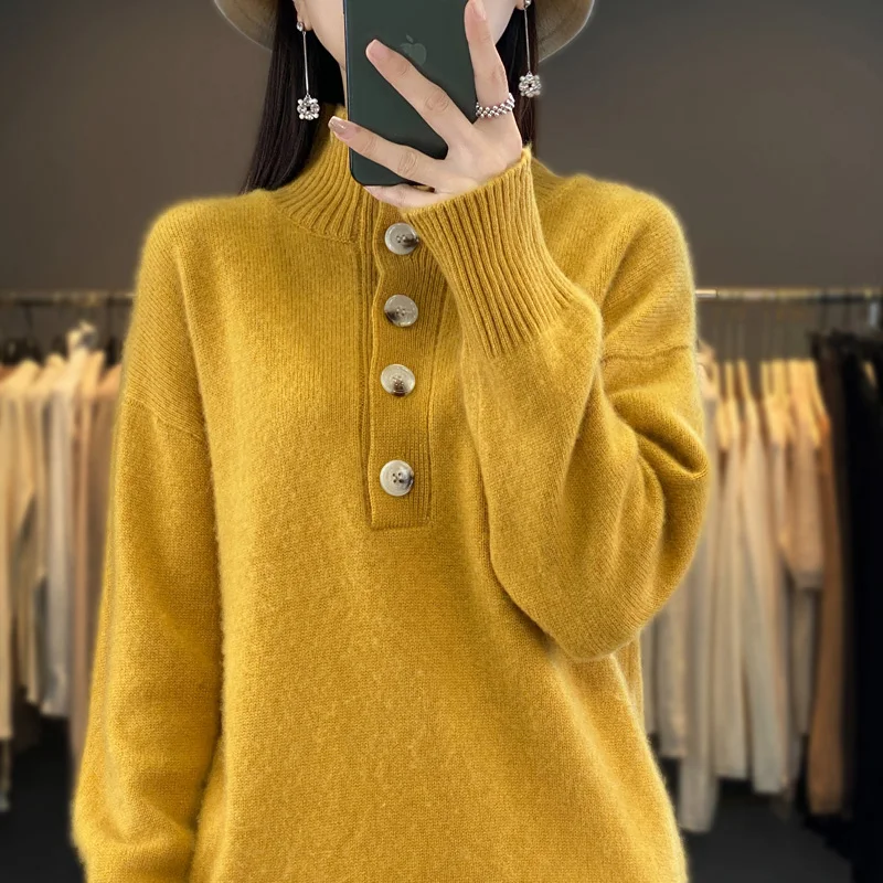 100% Pure Wool Cashmere Sweater Women's High Collar Pullover Casual Knit Top Autumn Winter Women's Jacket Korean Fashion