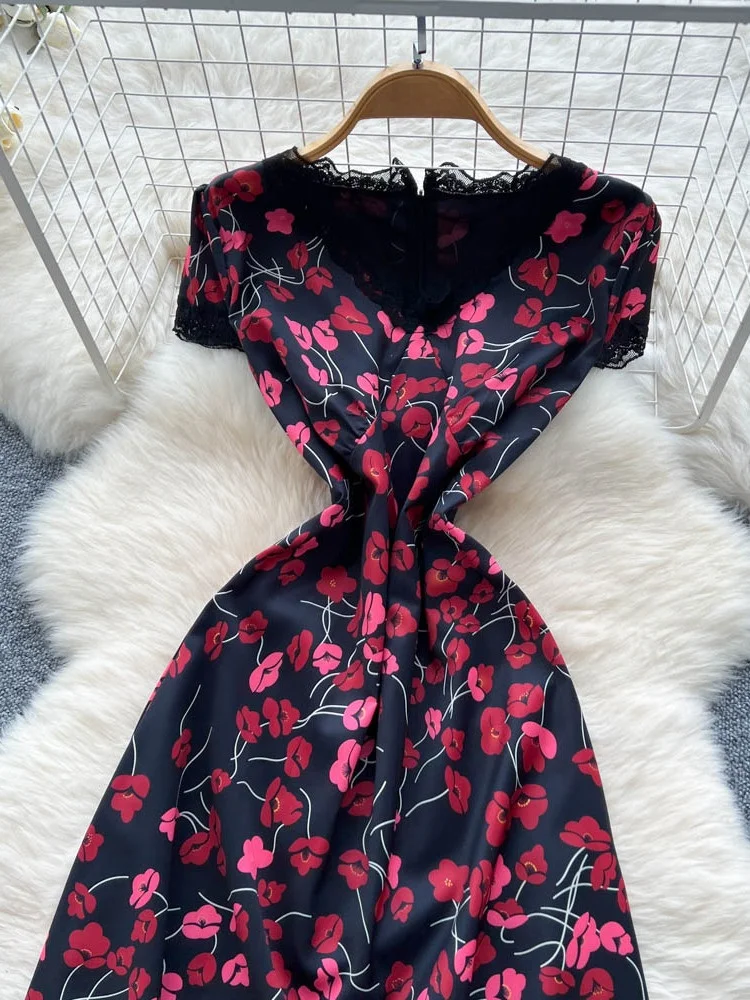 Ele dentelle épissure v-ne ort Sve imprimé fleuri Dr femme taille haute a-ligne Midi Dr été Faion Sense Long Dr