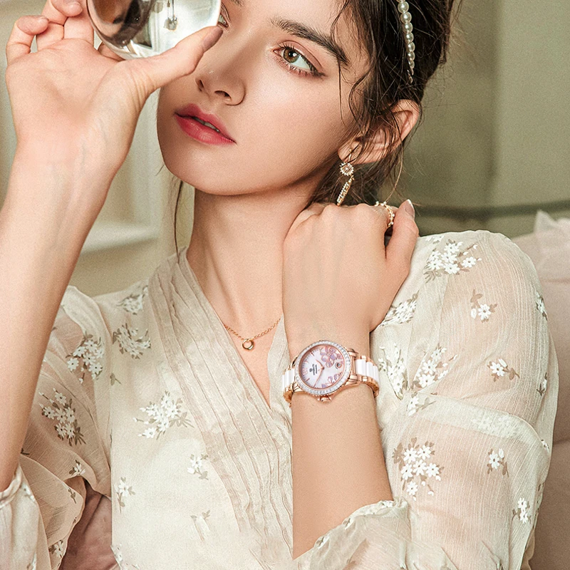 STARKING Ladies Watch bezel diamond-encrusted automatic mechanical watch with Japan 8215 movement with ceramic strap AL0241