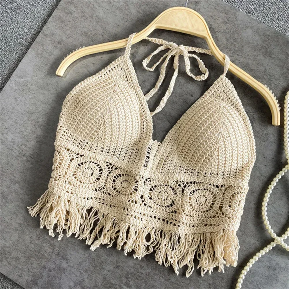 Kobiety Summer Beach Boho Crop Tops Sexy Y2K Knitted Backless Hollow Out Tank Tops Crochet Tassels Hem Halter Bras Bustier Top