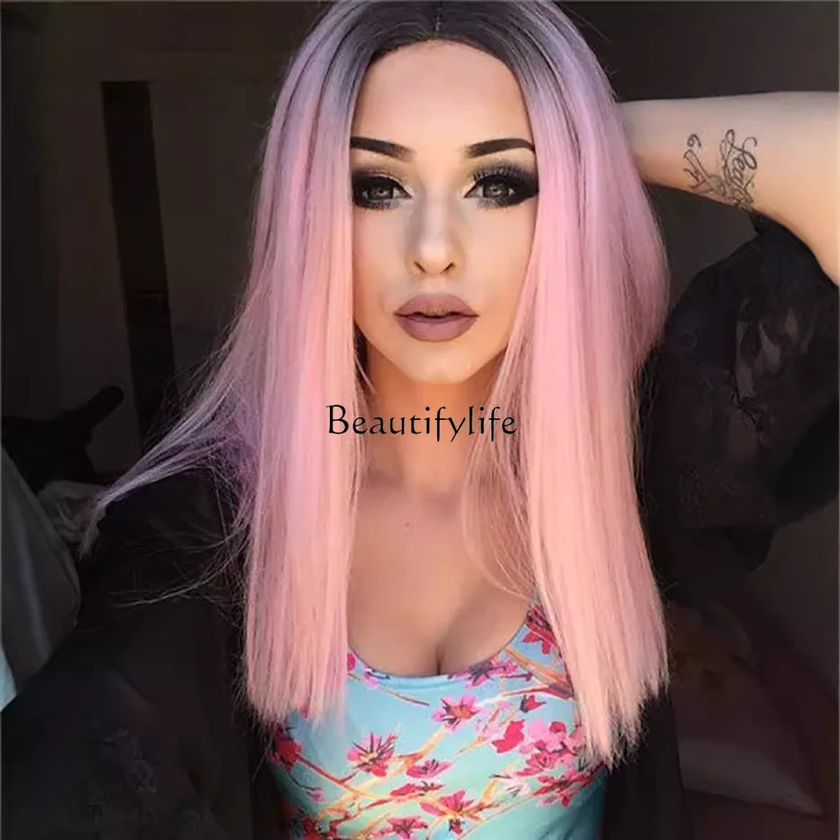 

European and American wigs, chemical fiber headgear, medium length bangs, long straight hair, bleaching and dyeing light pink.