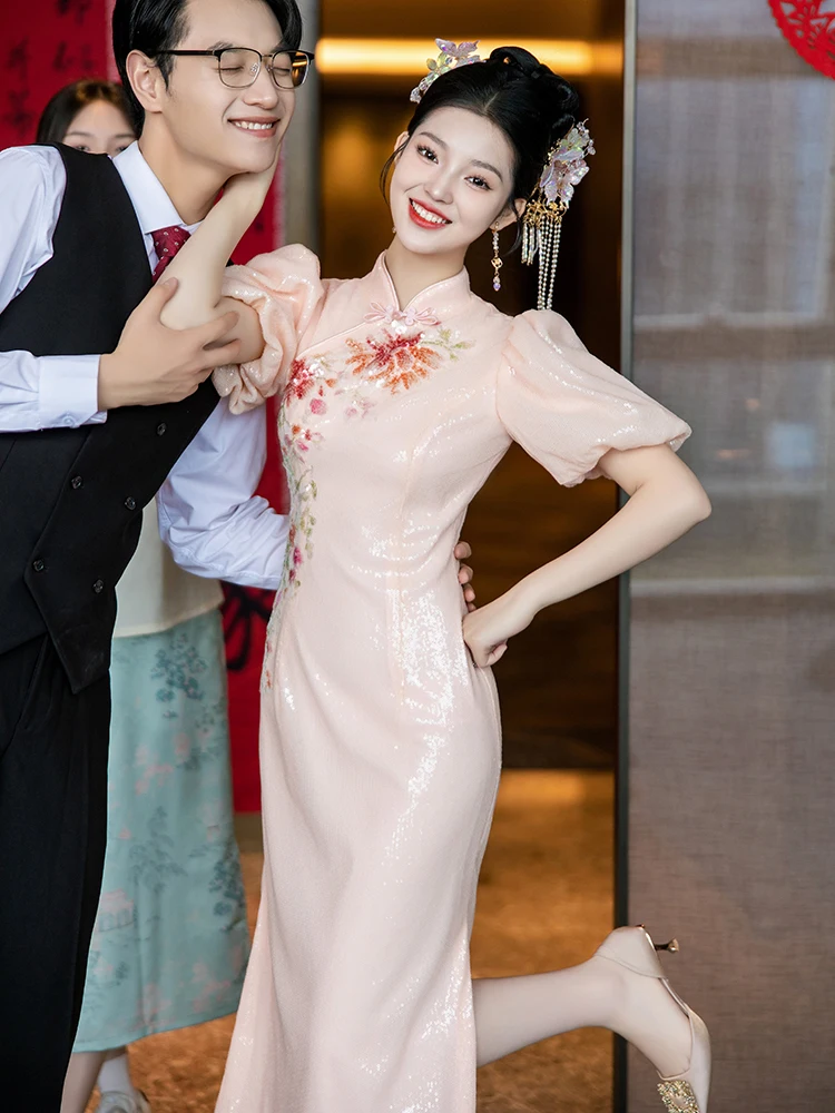 

Pink Wedding Dr Evening Gown for Women Cusizable Engagement Par Dres Vintage Sle Sequin Embellied Slim Fit