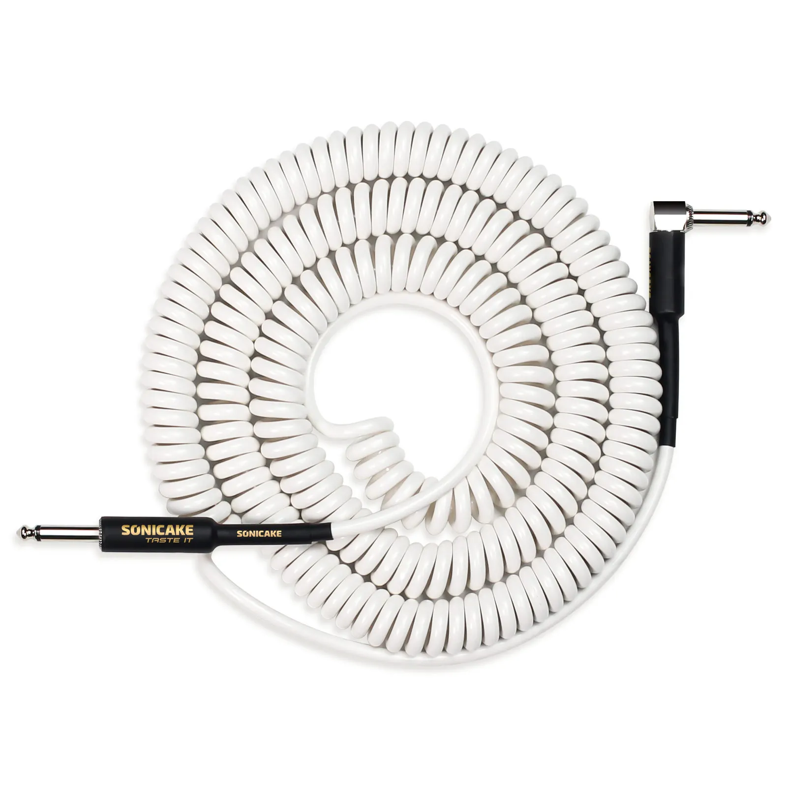 SONICAKE Coil Guitar Cable 32Feet/10M Instrument Coiled Curly Cord for Guitar Bass 1/4 inch Right Angle to Straight White QGC-50