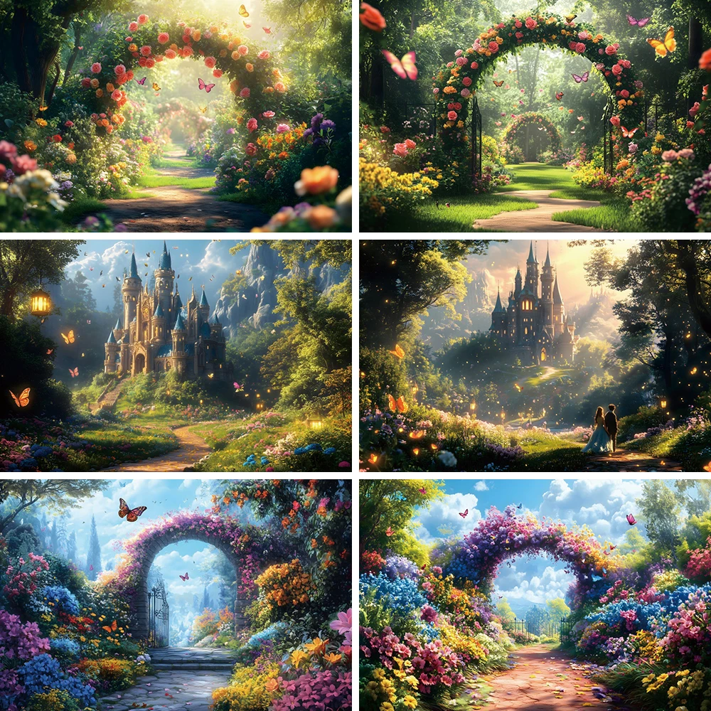 

Fantasy Castle Jungle Photography Background Garden Butterfly Pathway Flower Arch Plant Baby Birthday Backdrop Photo Studio Prop