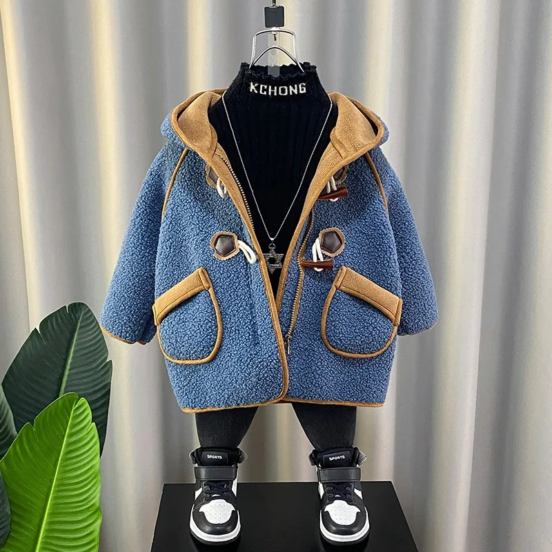 

Boys Woolen Coats Jackets Plus Thicken 2024 Packet Warm Velvet Winter Autumn Cotton Sport Tracksuit Teenagers Children's Clothin